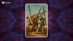 Five of Wands tarot card showing five figures clashing with wands, symbolizing competition