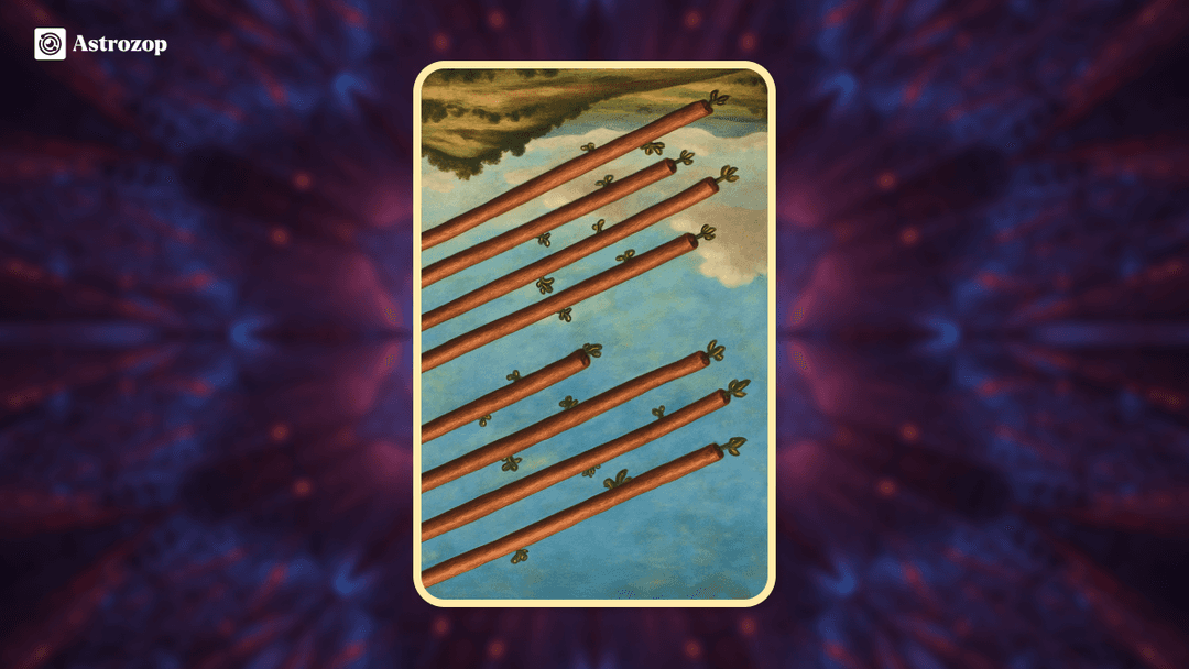 Reversed Eight of Wands tarot card with wands pointing downward