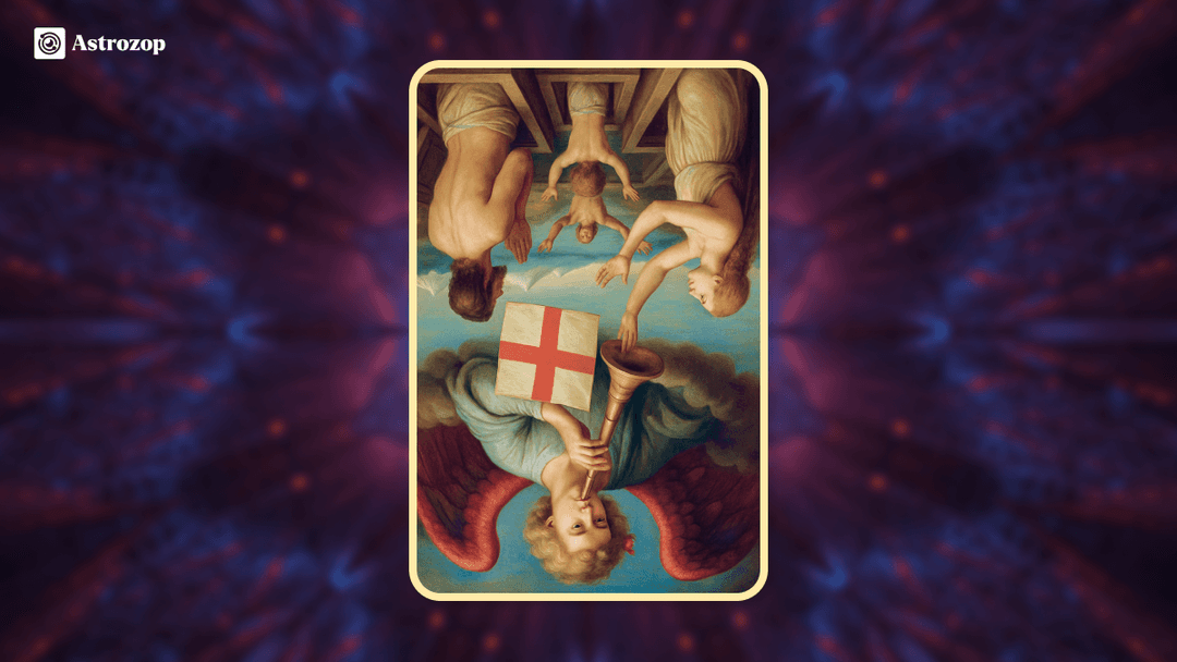 Reversed Judgement tarot card showing an angel with trumpet above figures rising from coffins