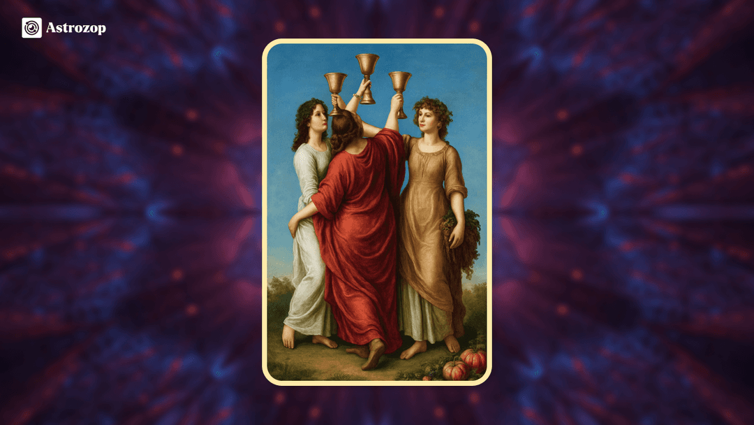 Three of Cups tarot card showing three figures celebrating with raised cups